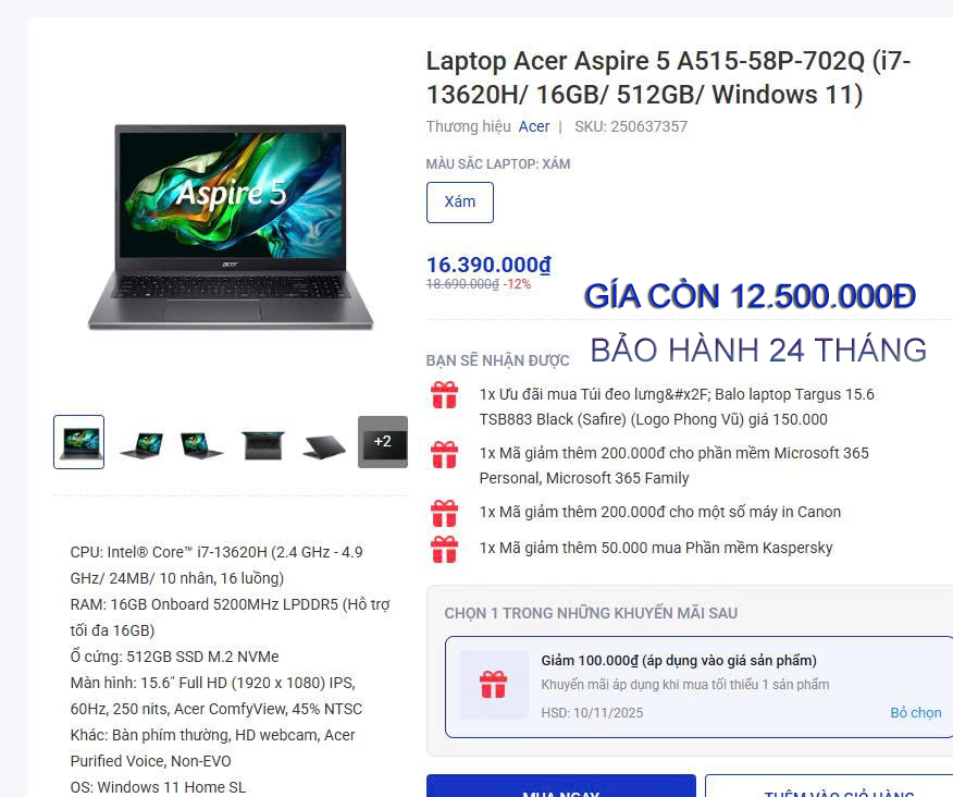 Laptop Acer Aspire 5 A515-58P-702Q NX.KVGSV.002 (Core i7-13620H | 16GB | 512GB | Intel® UHD Graphics | 15.6 inch FHD | Win 11 | Xám)